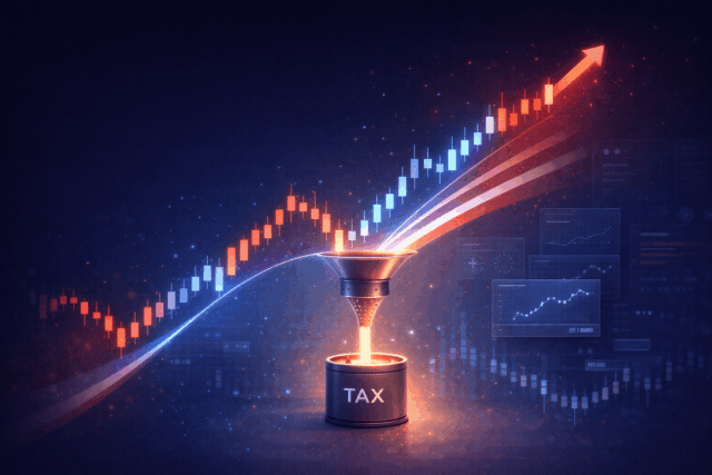 rising financial chart with part of profits separated as taxes, illustrating US taxation impact on trading income